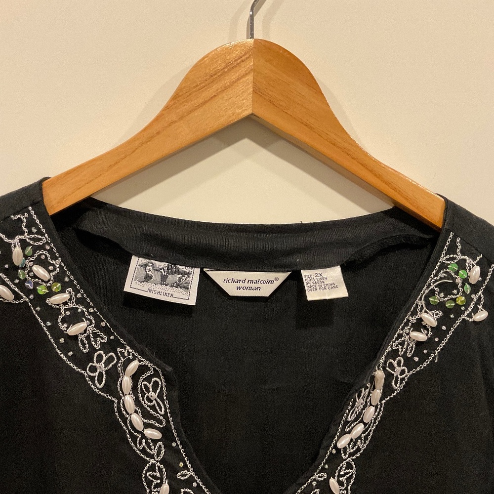 Richard Malcom Irish Linen Black Embellished Top 100% Linen Size 2X - Picture 4 of 11